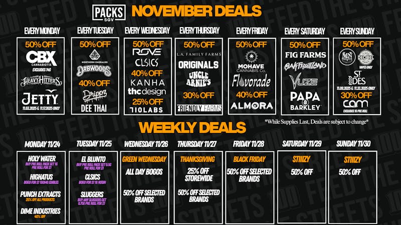 PACKS Weed Dispensary San Gabriel Valley NOVEMBER DISCOUNTS + WEEKLY DEALS