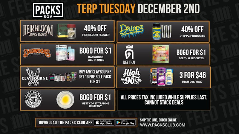 PACKS Weed Dispensary San Gabriel Valley TERP TUESDAY DAILY DEALS