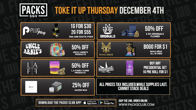 PACKS Weed Dispensary San Gabriel Valley TOKE IT UP THURSDAY