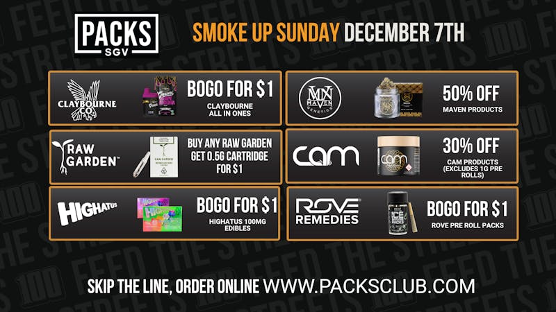 PACKS Weed Dispensary San Gabriel Valley SMOKE UP SUNDAY BOGO DEALS