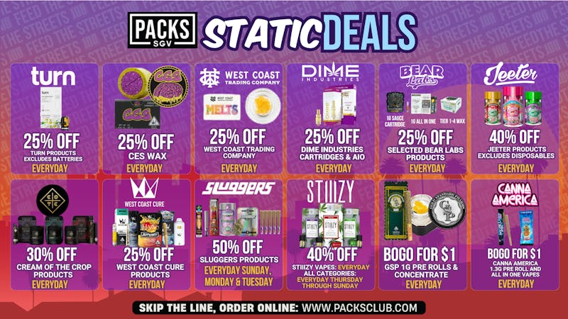 PACKS Weed Dispensary San Gabriel Valley STATIC DEALS @ PACKS SGV