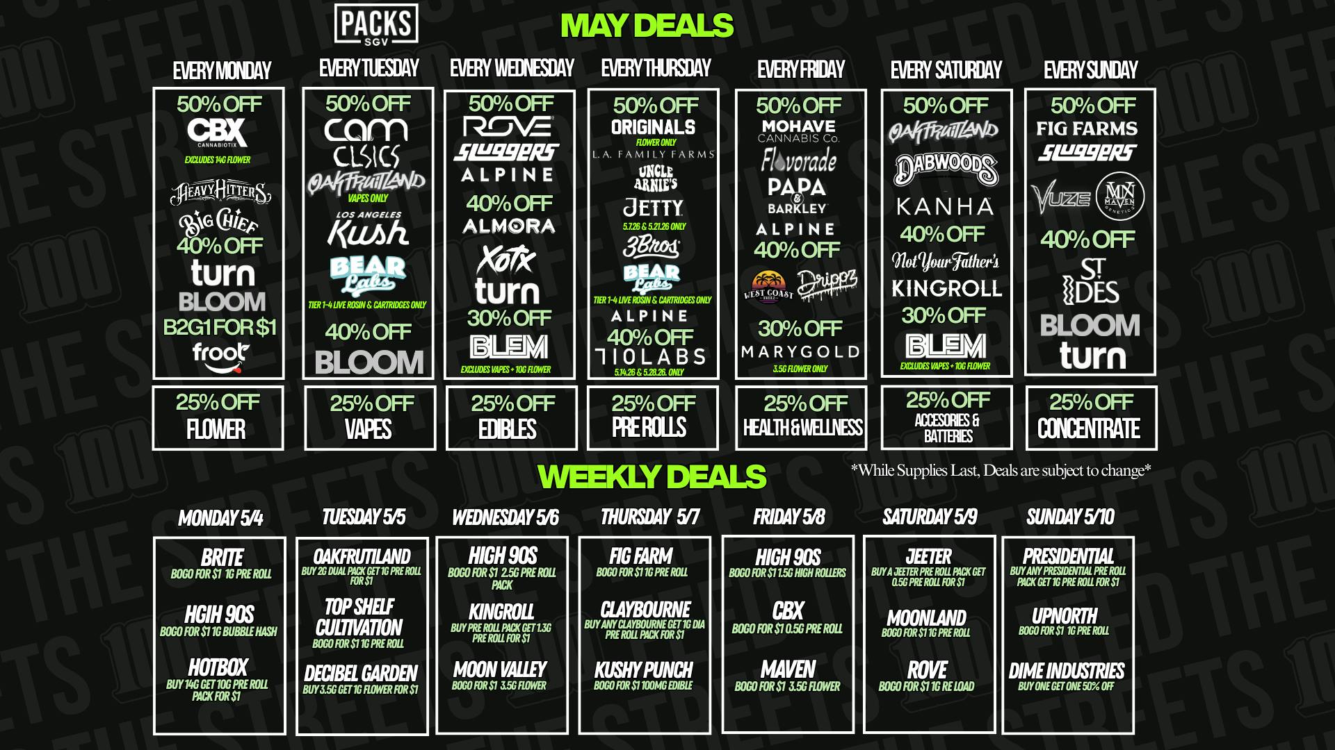 PACKS Weed Dispensary San Gabriel Valley MAY DISCOUNTS + WEEKLY DEALS