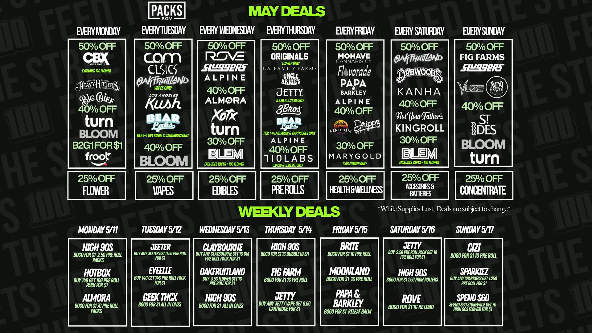 PACKS Weed Dispensary San Gabriel Valley MAY DISCOUNTS + WEEKLY DEALS