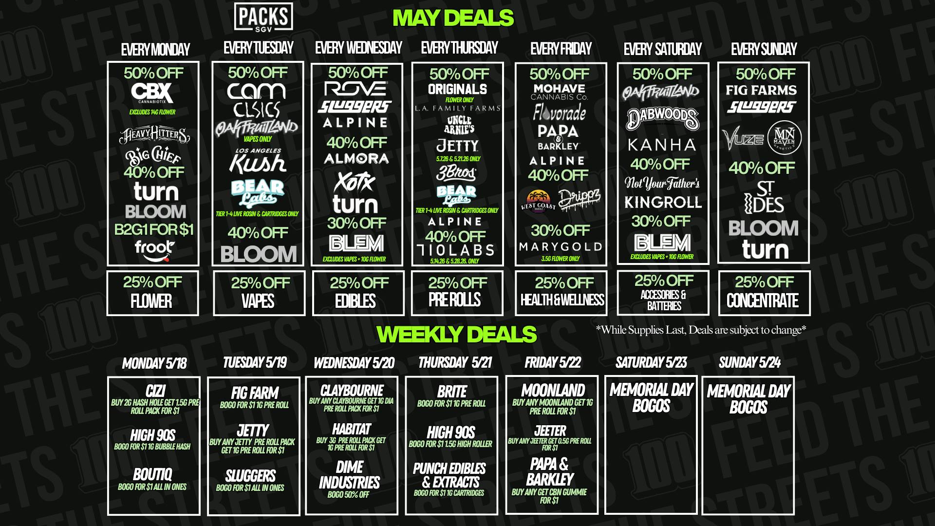 PACKS Weed Dispensary San Gabriel Valley MAY DISCOUNTS + WEEKLY DEALS