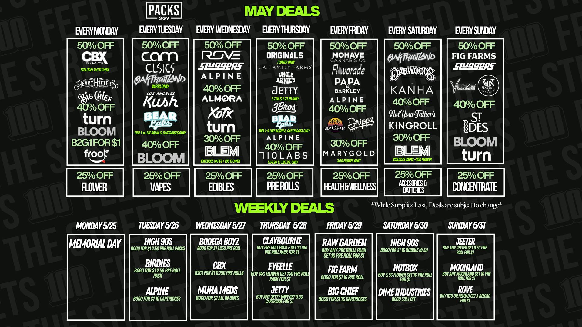 PACKS Weed Dispensary San Gabriel Valley MAY DISCOUNTS + WEEKLY DEALS