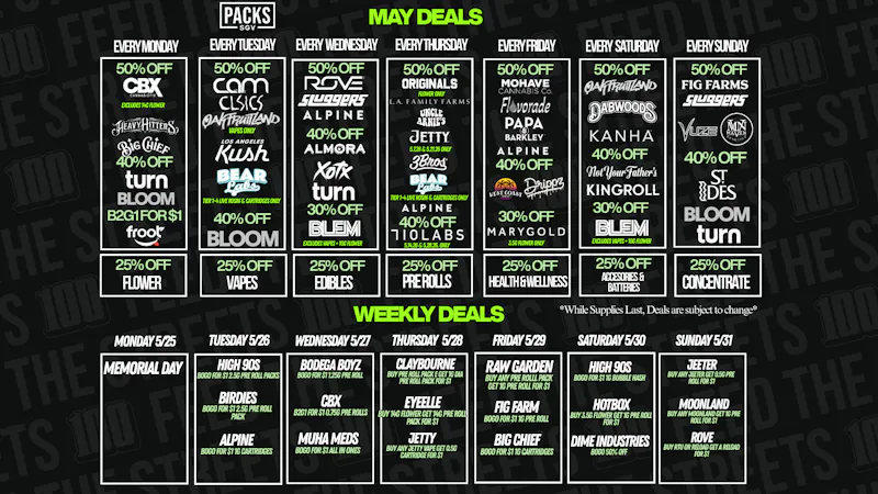 PACKS Weed Dispensary San Gabriel Valley MAY DISCOUNTS + WEEKLY DEALS