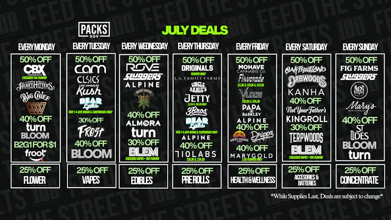 PACKS Weed Dispensary San Gabriel Valley JULY DISCOUNTS.