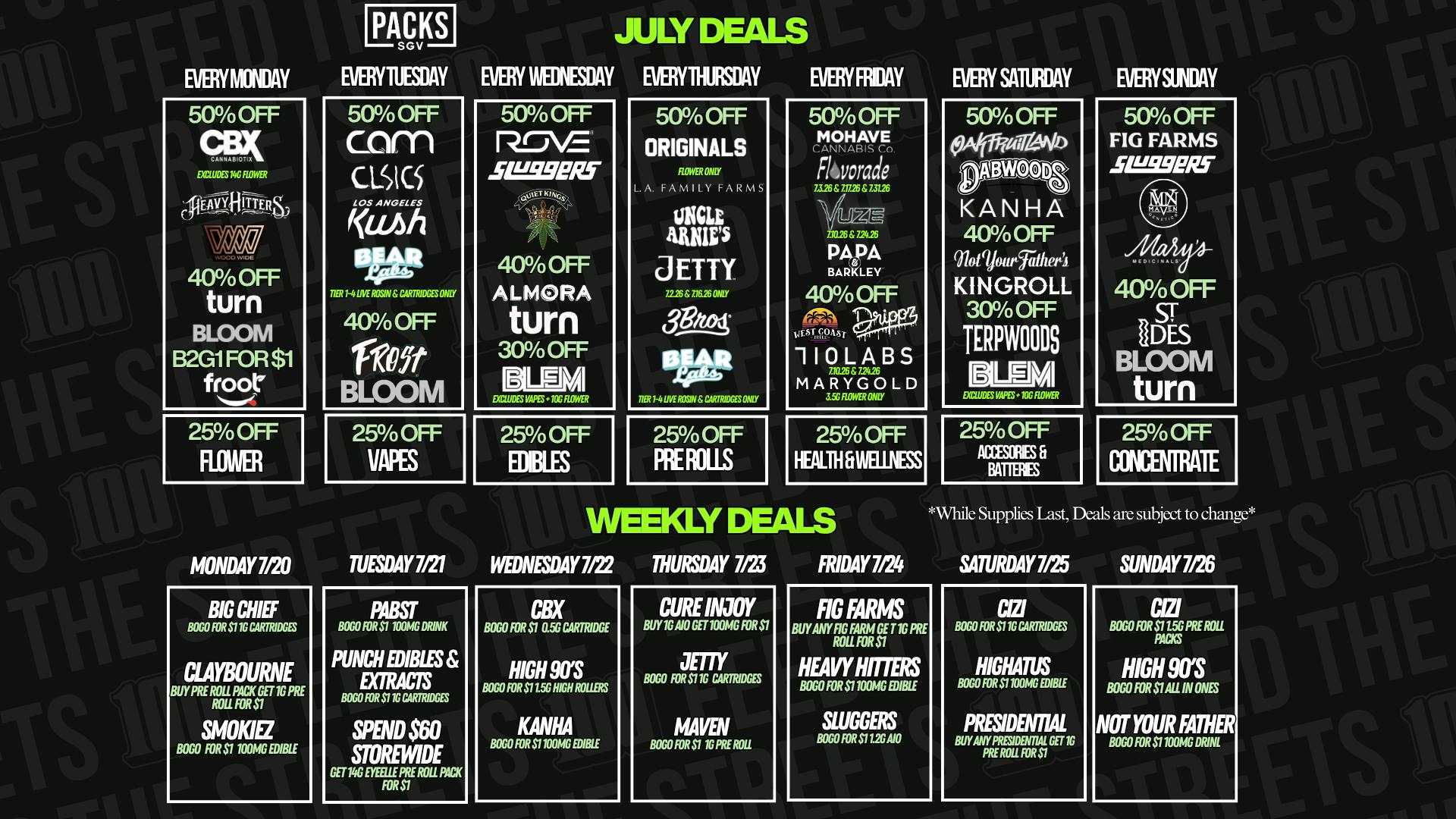 PACKS Weed Dispensary San Gabriel Valley JULY DISCOUNTS + WEEKLY BOGOS