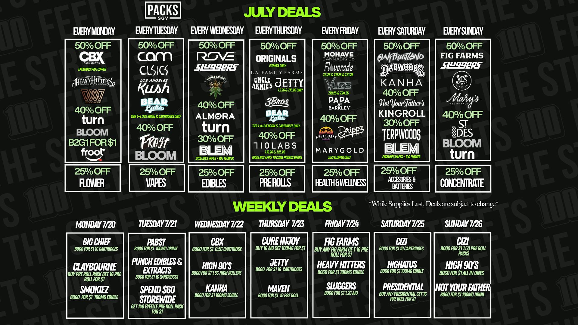 PACKS Weed Dispensary San Gabriel Valley JULY DISCOUNTS + WEEKLY BOGOS