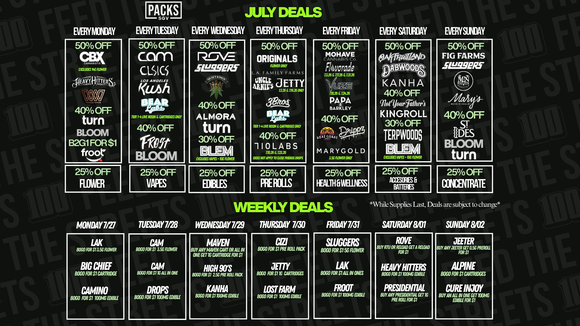 PACKS Weed Dispensary San Gabriel Valley JULY DISCOUNTS + WEEKLY BOGOS