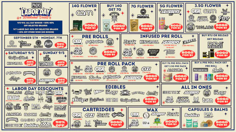 PACKS Weed Dispensary San Gabriel Valley PACKS SGV LABOR DAY WEEKEND DISCOUNTS & BOGOS