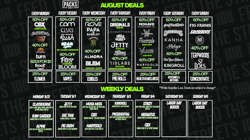 PACKS Weed Dispensary San Gabriel Valley AUGUST DISCOUNTS + WEEKLY BOGOS