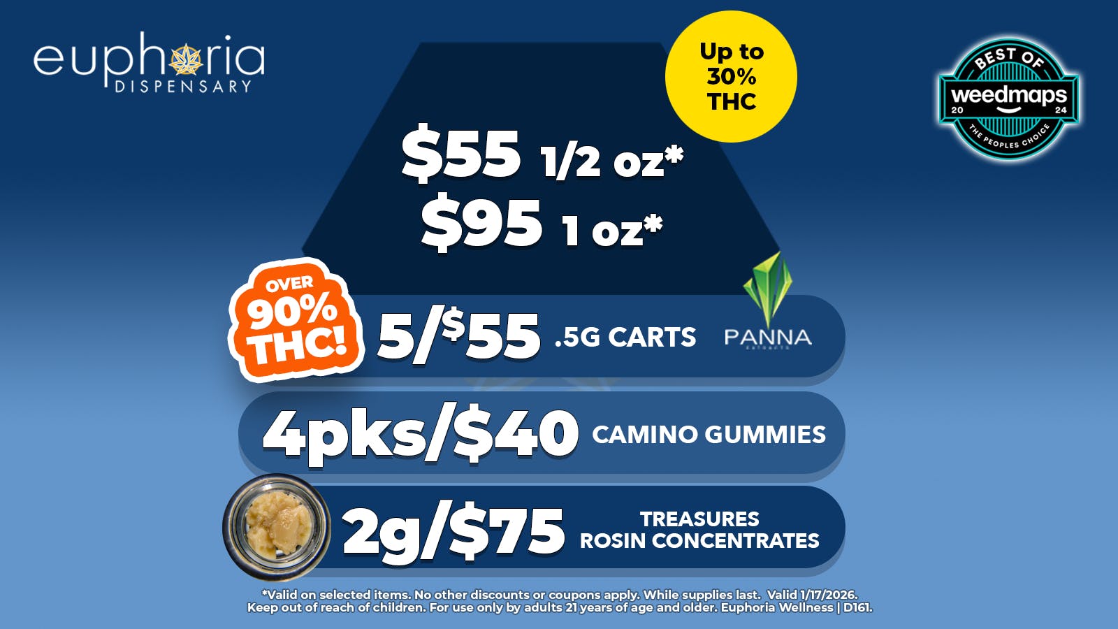 Euphoria Wellness - Marijuana Dispensary $55 1/2oz - $95 1oz | 5/$55 Panna .5g Cartridges