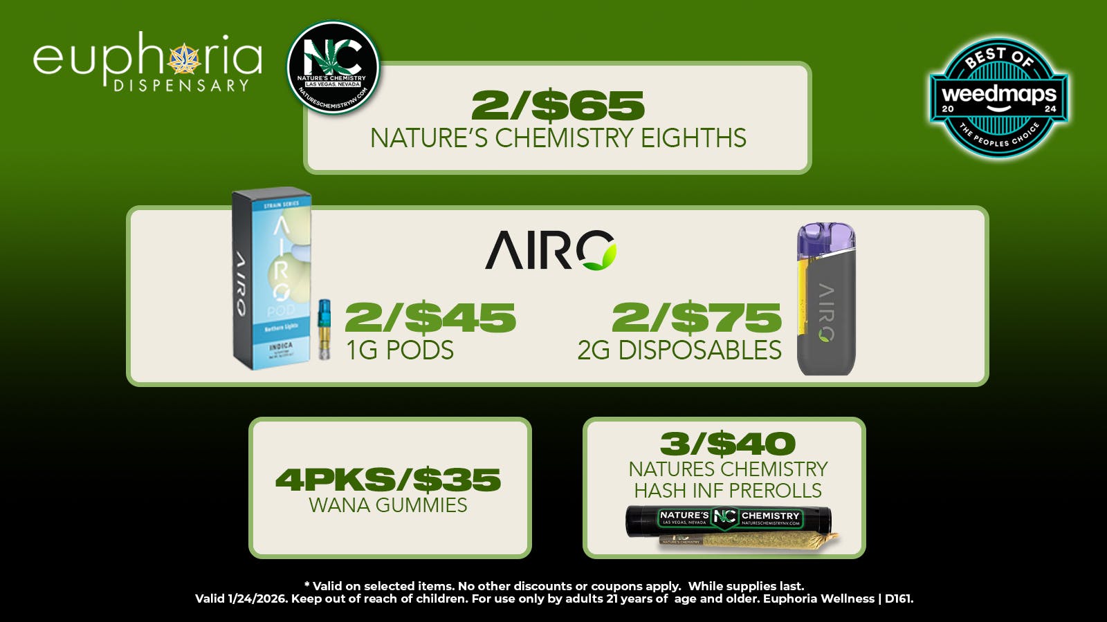 Euphoria Wellness Delivery - West LV 2/$65 Natures Chemistry 8ths | 2/$45 Airo 1g Pods