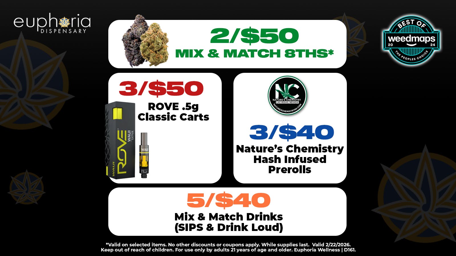 Euphoria Wellness Delivery - West LV 2/$50 Mix & Match 8ths | 3/$50 Rove 0.5g Carts