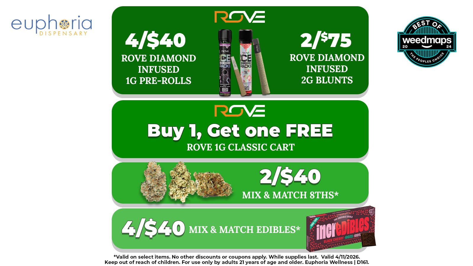 Euphoria Wellness - Marijuana Dispensary Rove B1G1 Carts | 4/$40 Infused PRs | 2/$75 Blunts