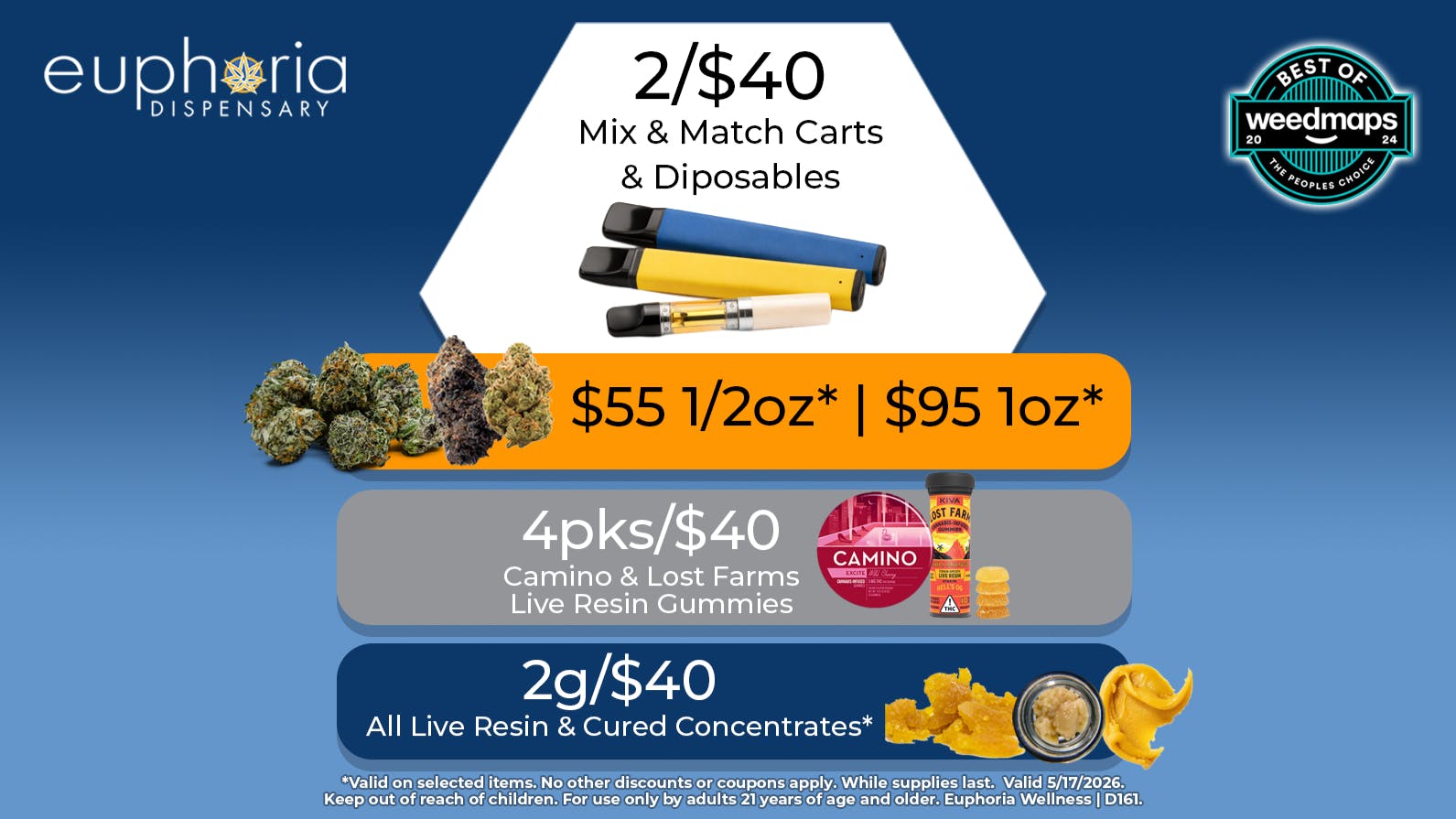 Euphoria Wellness - Marijuana Dispensary 2/$40 Mix & Match Carts & Disposables