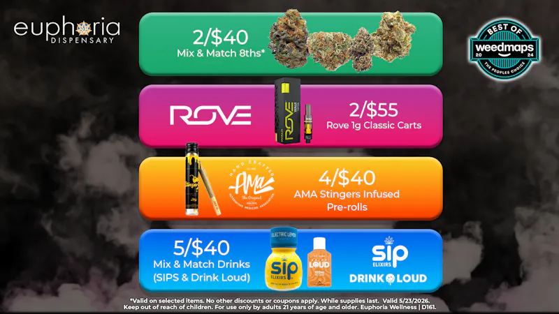 Euphoria Wellness - Marijuana Dispensary 2/$40 Mix & Match 8ths | 5/$40 100mg Drinks