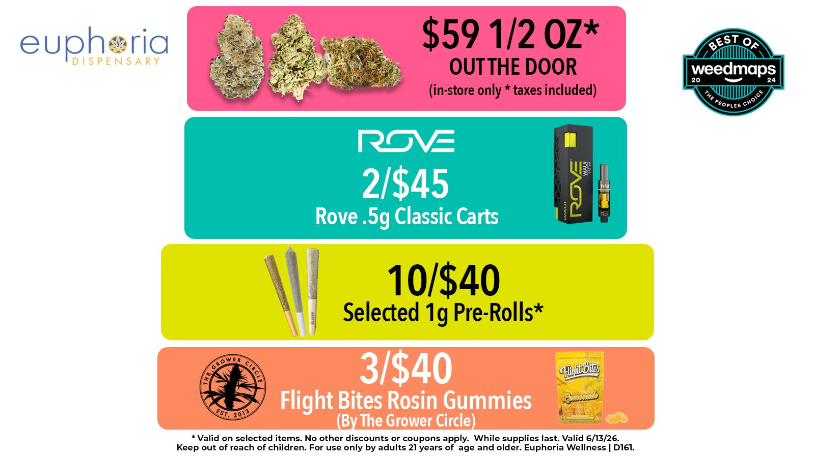 Euphoria Wellness - Marijuana Dispensary $59 1/2oz OUT THE DOOR | 10/$40 1g Pre-Rolls