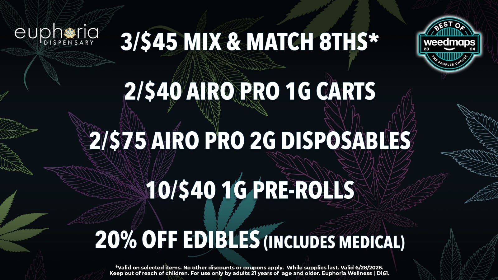Euphoria Wellness Delivery - West LV 3/$45 Mix & Match 8ths | 2/$75 Airo 2g Disposables