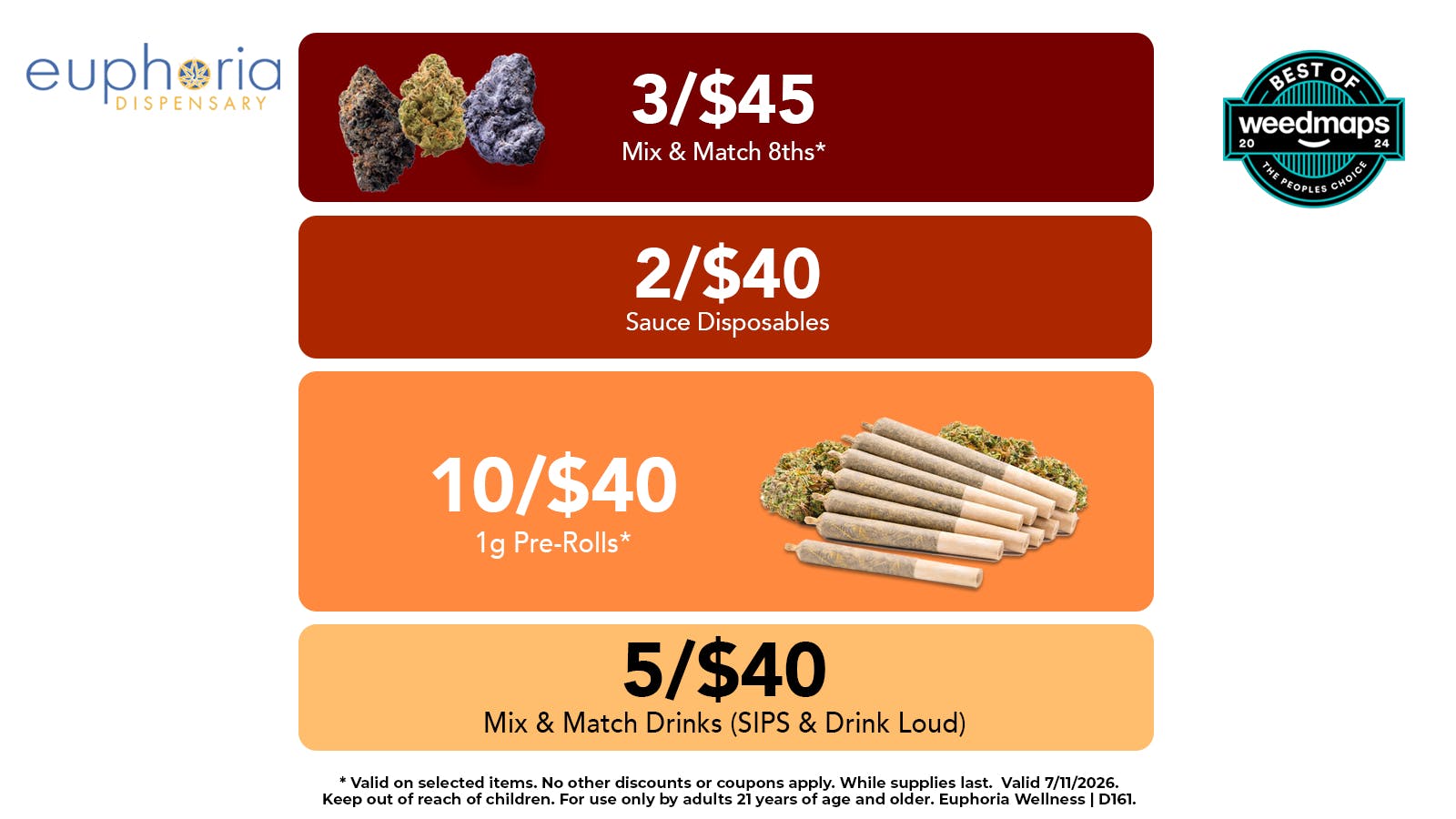 Euphoria Wellness - Marijuana Dispensary 3/$45 Mix & Match 8ths | 10/$40 Select 1g Pre-roll
