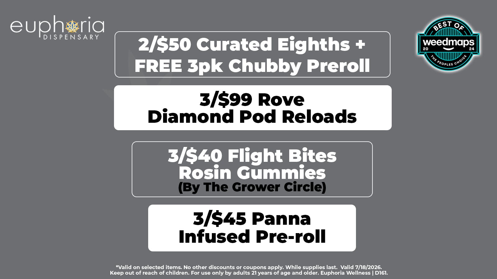 Euphoria Wellness Delivery - West LV 2/$50 Curated 8ths + FREE 3pk Chubby Pre-roll