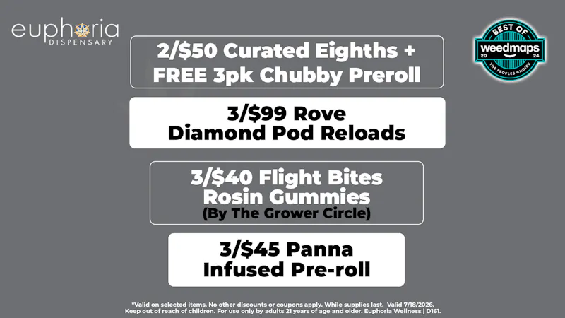 Euphoria Wellness Delivery - West LV 2/$50 Curated 8ths + FREE 3pk Chubby Pre-roll