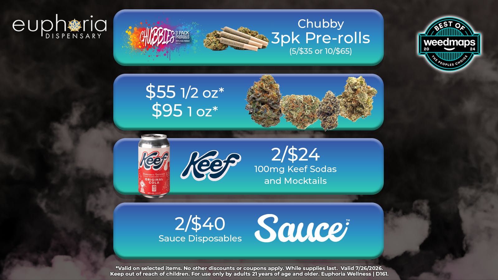 Euphoria Wellness - Marijuana Dispensary $55 1/2oz - $95 1oz | Chubby Pre-Rolls 3pk 5/$35