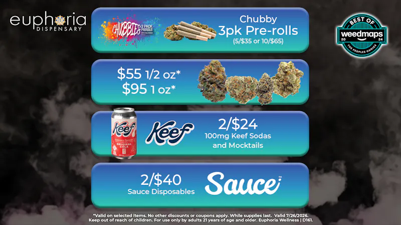 Euphoria Wellness - Marijuana Dispensary $55 1/2oz - $95 1oz | Chubby Pre-Rolls 3pk 5/$35