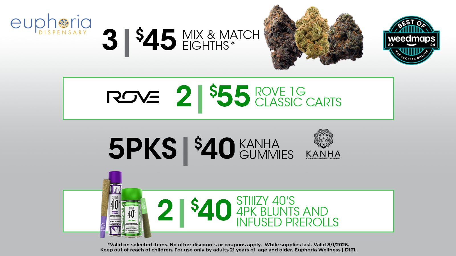 Euphoria Wellness Delivery - West LV 3/$45 Mix & Match 8ths | 2/$55 Rove 1g Carts