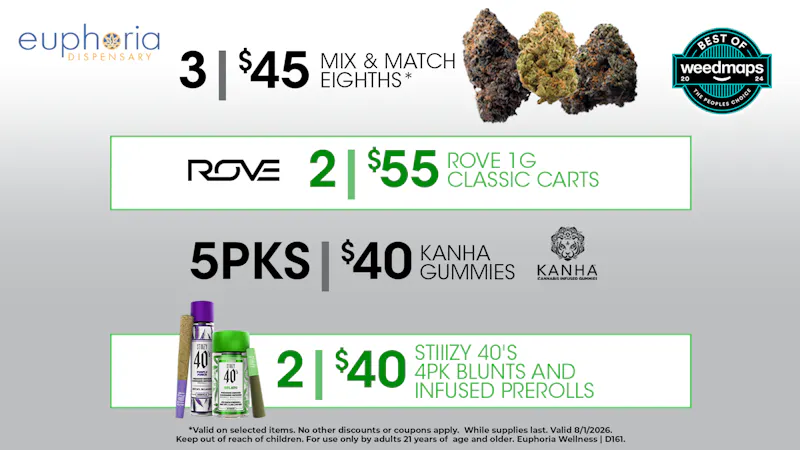 Euphoria Wellness Delivery - West LV 3/$45 Mix & Match 8ths | 2/$55 Rove 1g Carts