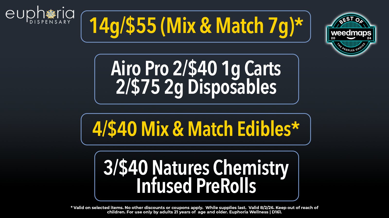 Euphoria Wellness Delivery - Henderson / Green Valley 14g/$55 Mix & Match 7g | 2/$75 Airo 2g Disposable