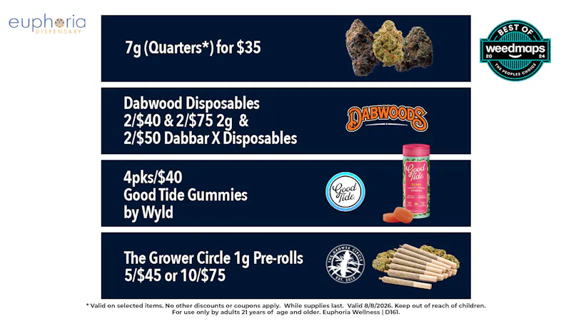 Euphoria Wellness - Marijuana Dispensary 7g for $35 | DabWoods Dispos - 2/$40 1g - 2/$75 2g