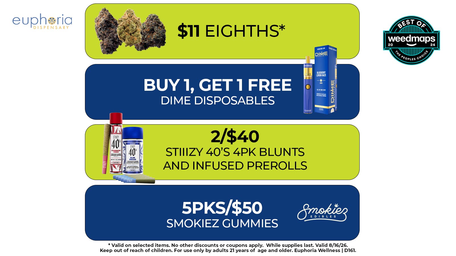 Euphoria Wellness Delivery - West LV $11 Selected Eighths | B1G1 FREE Dime Disposable
