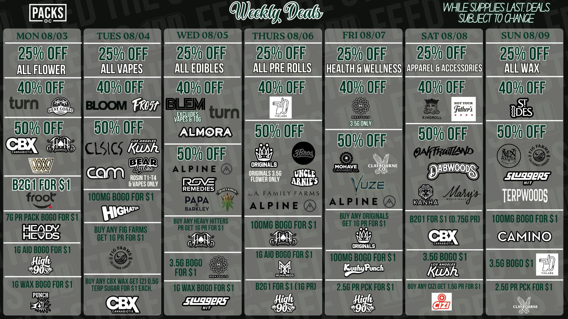 PACKS Weed Dispensary Orange County August 3rd - August 9th Deals