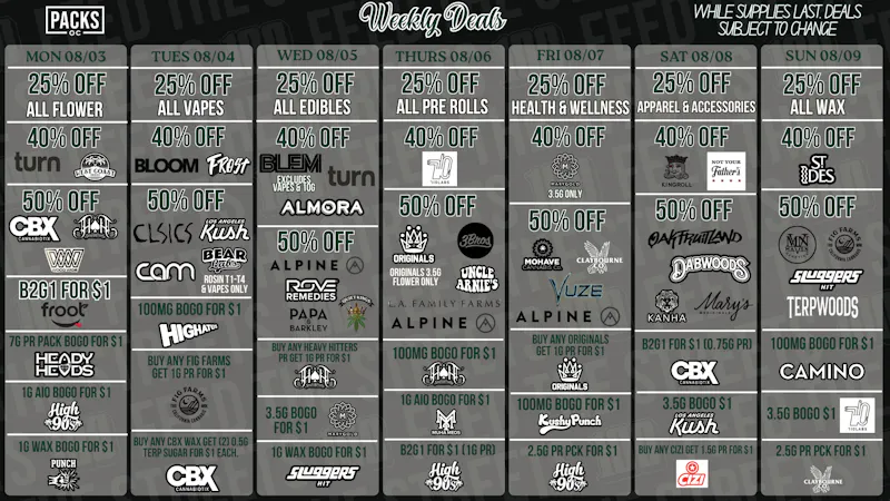 PACKS Weed Dispensary Orange County August 3rd - August 9th Deals