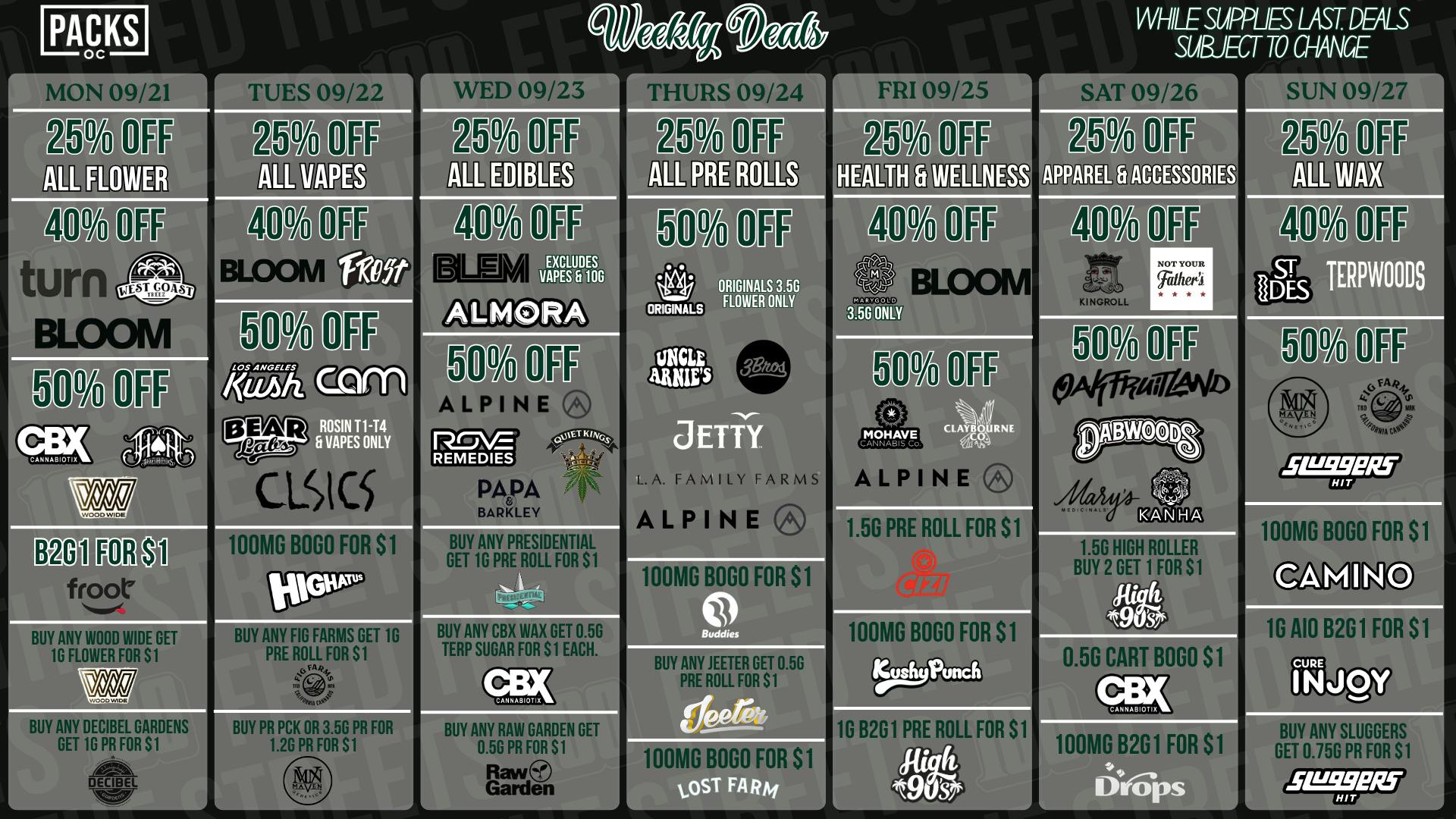 PACKS Weed Dispensary Orange County SEPTEMBER 21ST - SEPTEMBER 27TH DEALS