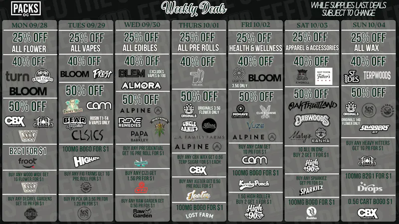 PACKS Weed Dispensary Orange County SEPTEMBER 28TH - OCTOBER 4TH DEALS