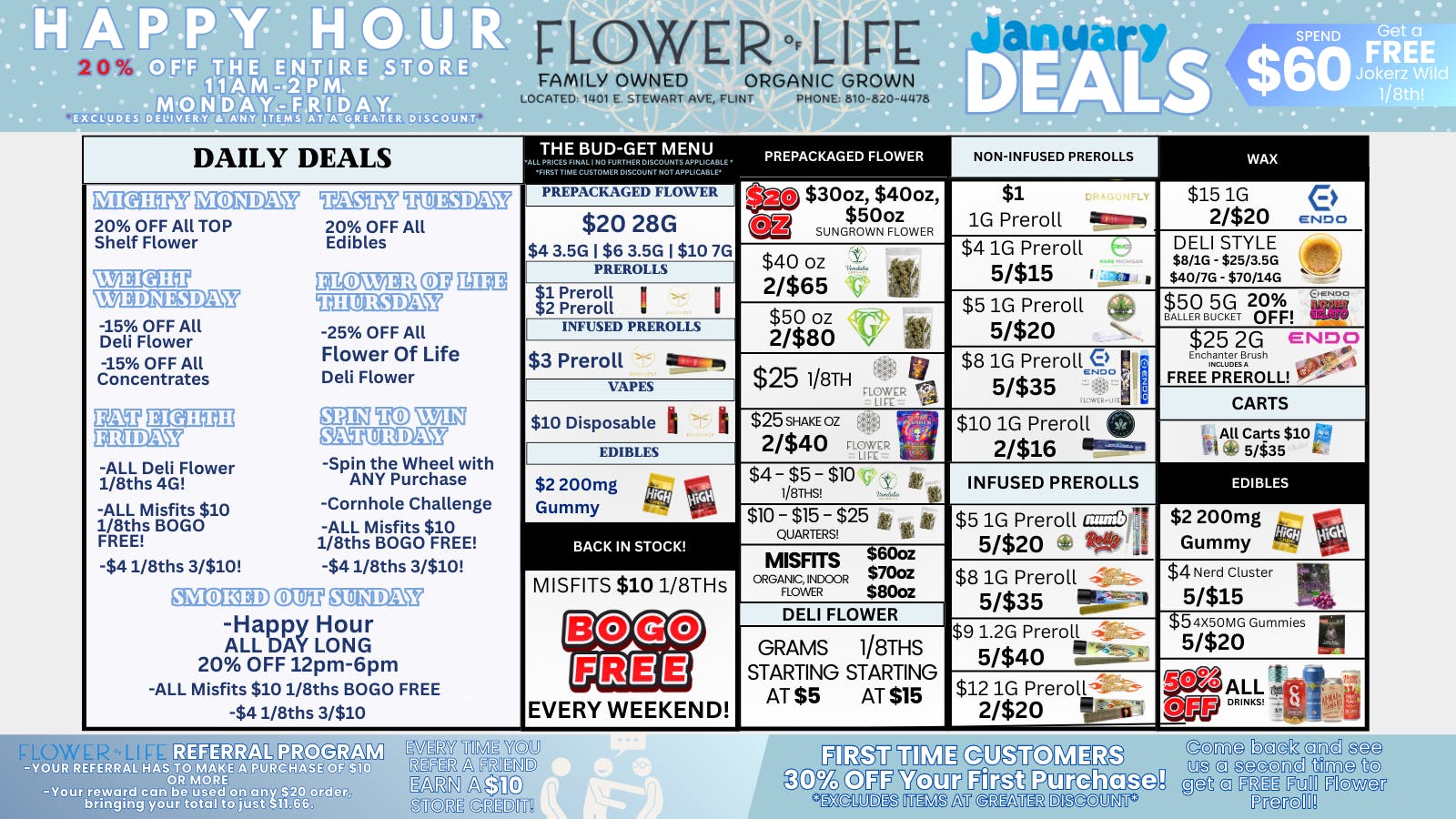 Flower of Life JANUARY DEALS! 20% OFF! Mon-Fri 11am-2pm!