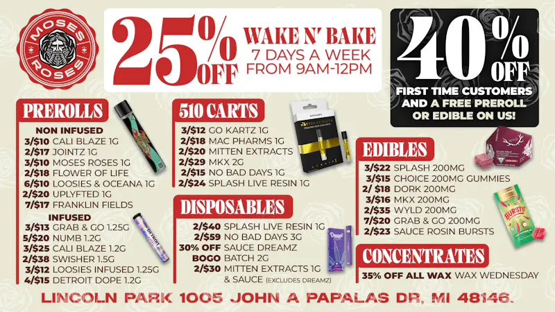 Moses Roses Moses Roses Wake N Bake Deals: 25% Off Daily Sale!