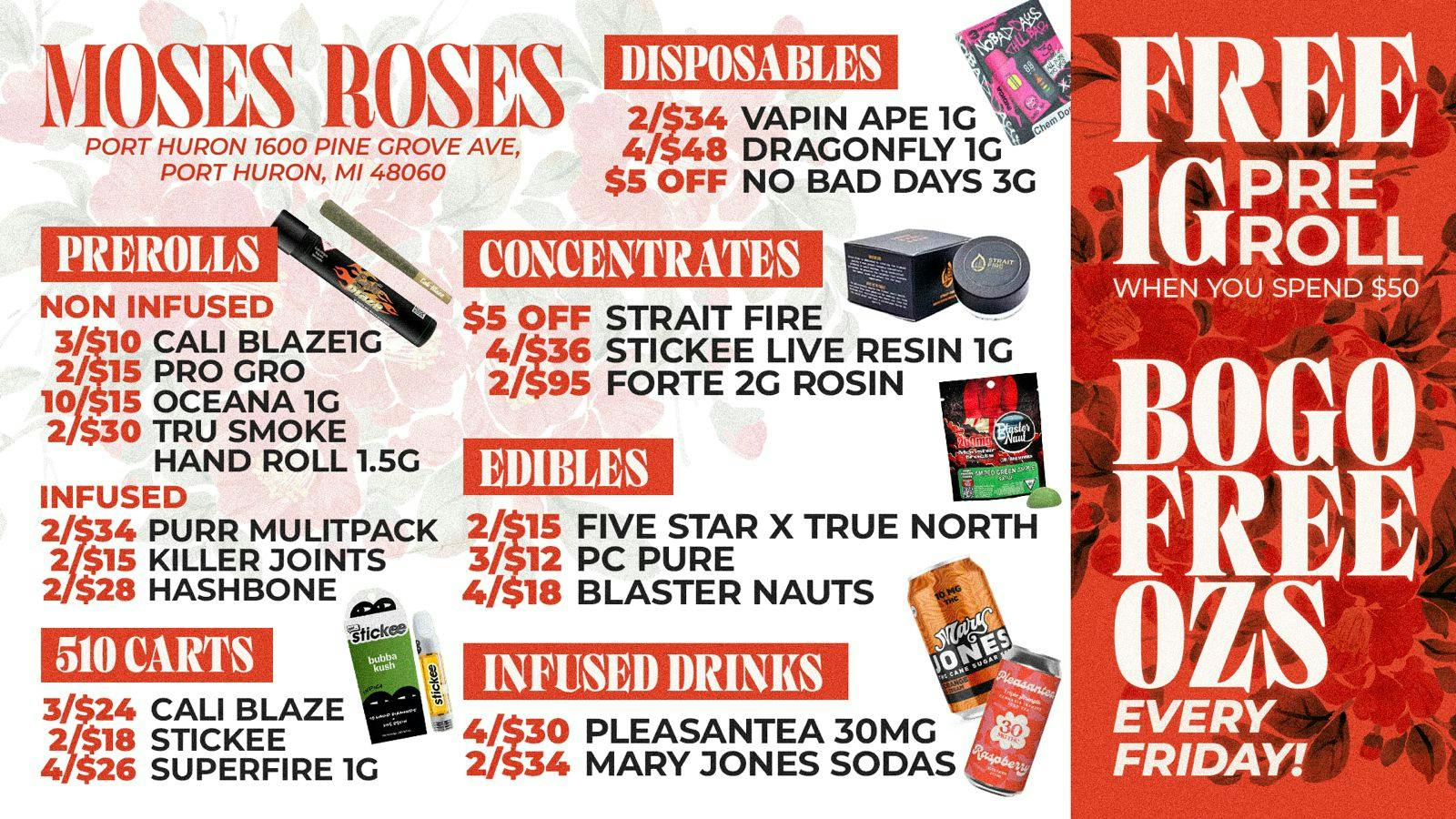 Moses Roses Port Huron Moses Roses Port Huron Deals: Free OZ Friday Now!