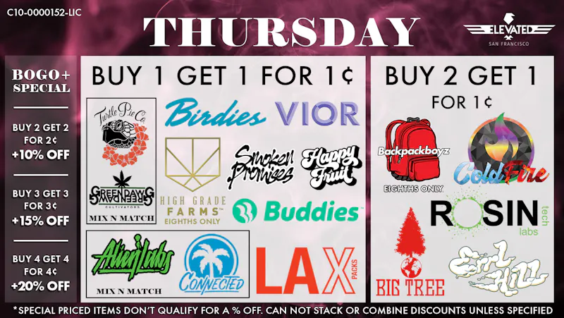 Elevated San Francisco Thursday Deals and BOGO+ Specials
