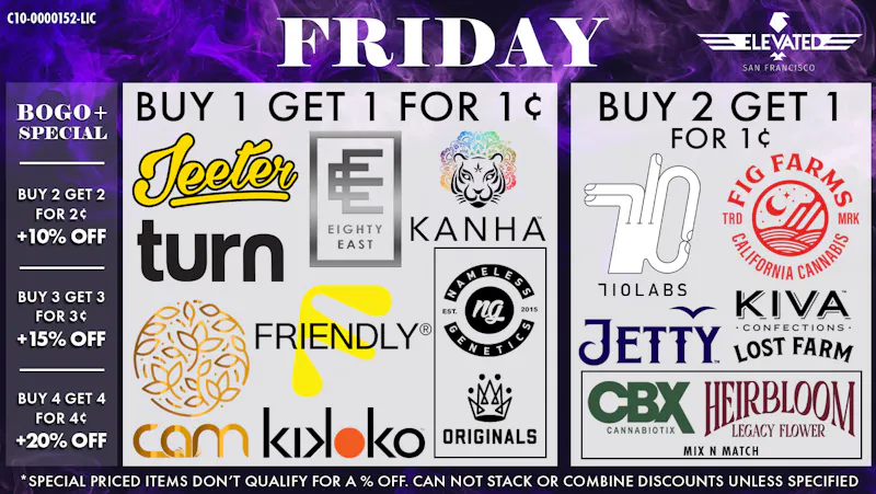 Elevated San Francisco Friday Deals and BOGO+ Specials