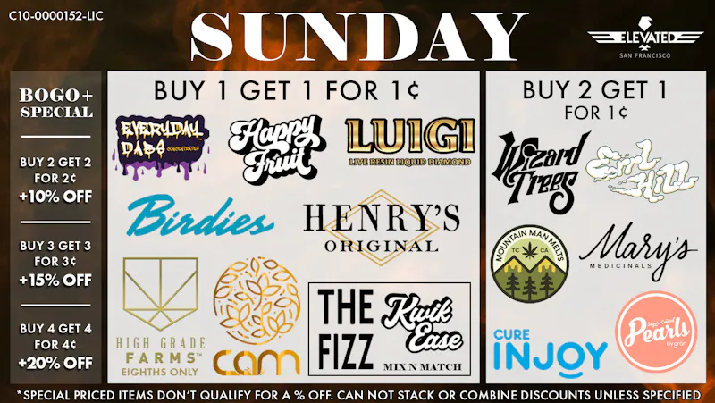 Elevated San Francisco Sunday Deals and BOGO+ Special