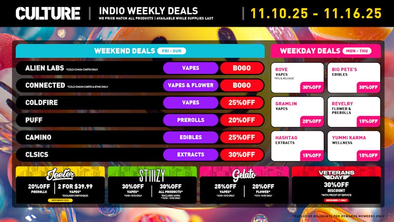 Culture Cannabis Club Marijuana and Weed Dispensary - Indio Whole Week 11.11 Celebration: Up to 30% Off