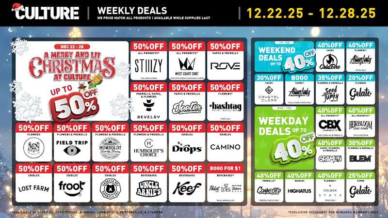 Culture Cannabis Delivery - Westminster / Sunset Beach / Seal Beach Secret Santa Drops & Weekly Deals: Up to 60% Off