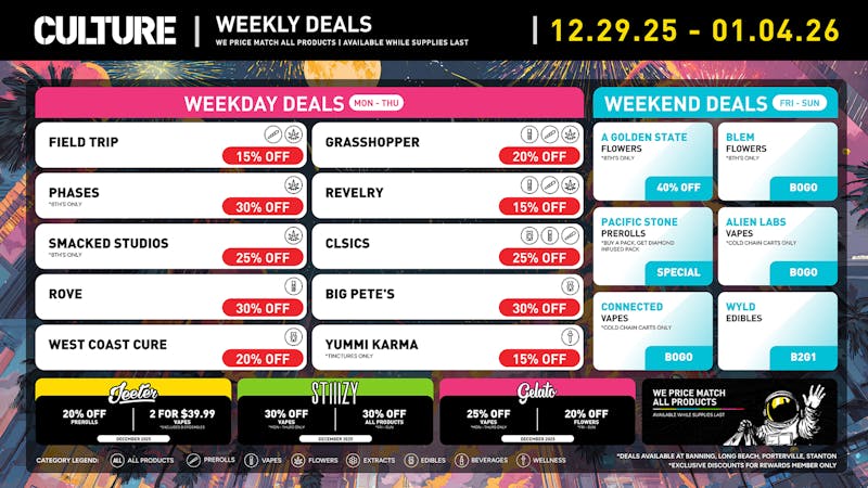 Culture Cannabis Club Marijuana and Weed Dispensary - Stanton 2025's Last Hurrah! More Weekly Deals to Enjoy