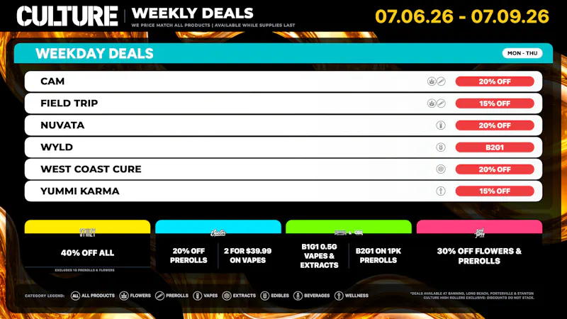 Culture Cannabis Club Marijuana and Weed Dispensary - Porterville Countdown to 710: Weekday Deals!