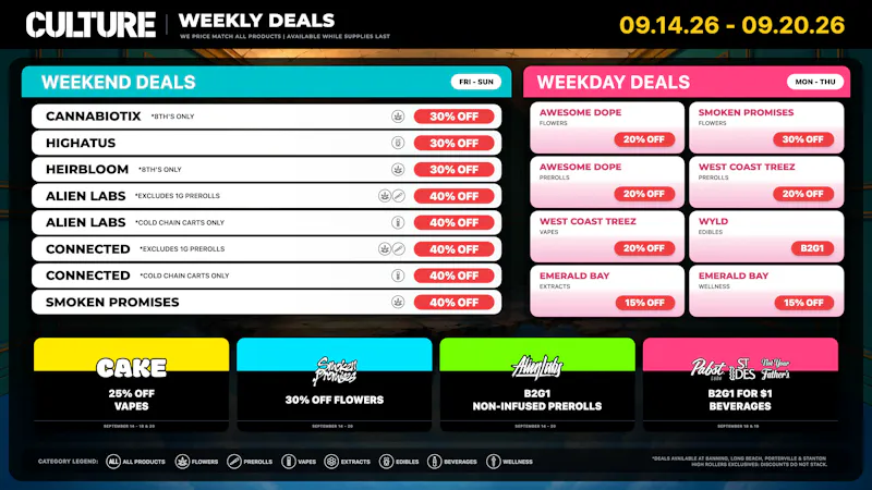 Culture Cannabis Delivery - Fullerton Weekday Deals While You Wait for Culture Day! 🍄