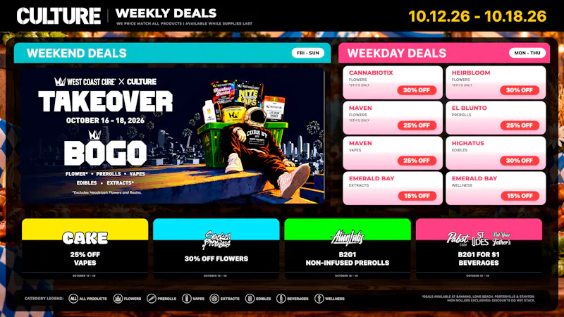 Culture Cannabis Delivery - Fullerton WCC Takeover + Up to 30% Off Weekly Deals! 🔥